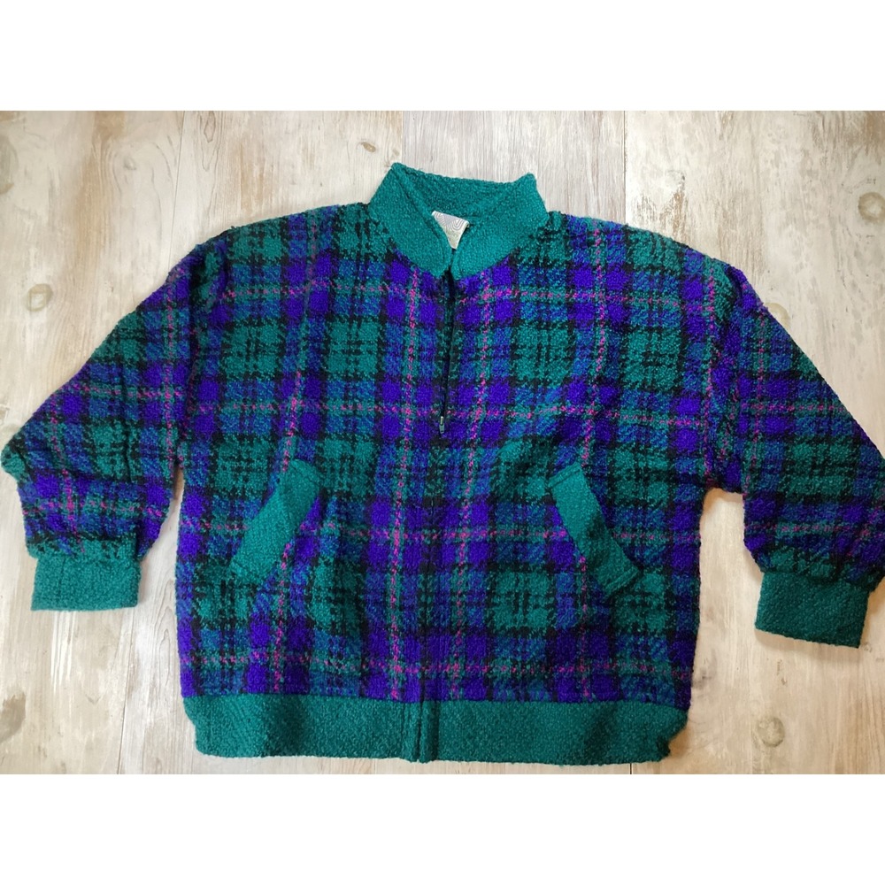 Boyne Valley Weaver Ireland Plaid Boucle Jacket Coat Green Blue Wool Grandmacore